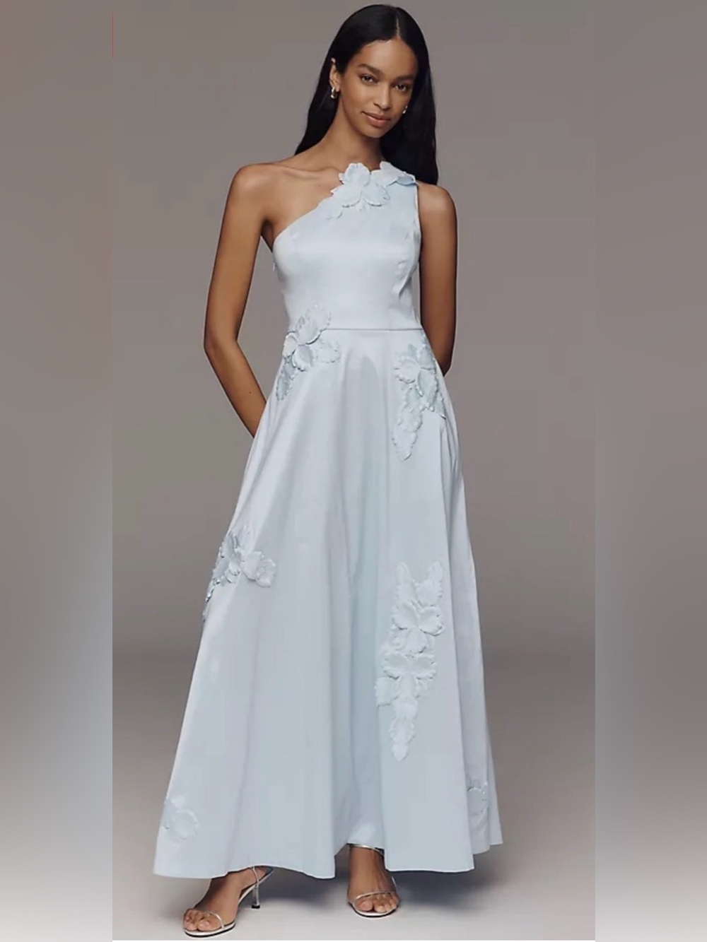 One-Shoulder Light Blue Floral Appliqué Evening Dress